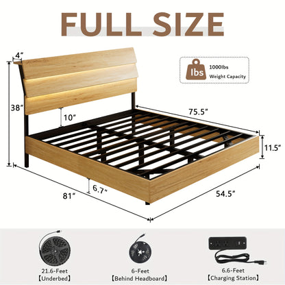Valnase Floating Bed Frame with LED Lights, with Built-In Charging Station Storage Wooden Headboard, Heavy-Duty Metal Support, Easy Assembly