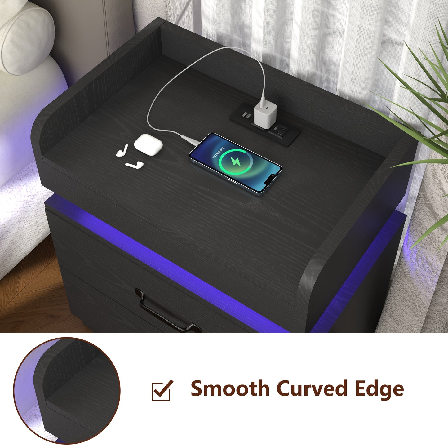 [LED Night Stand] Aerotier Decor, 1pc & 2pcs Black/White LED Night Stand With Charging Station, 1pc & 2pcs Bedroom Nightstand With 2 Drawers, LED Side Table For Bedroom & Living Room, Narrow Entryway Table, Smart Nightstand With Charging Station