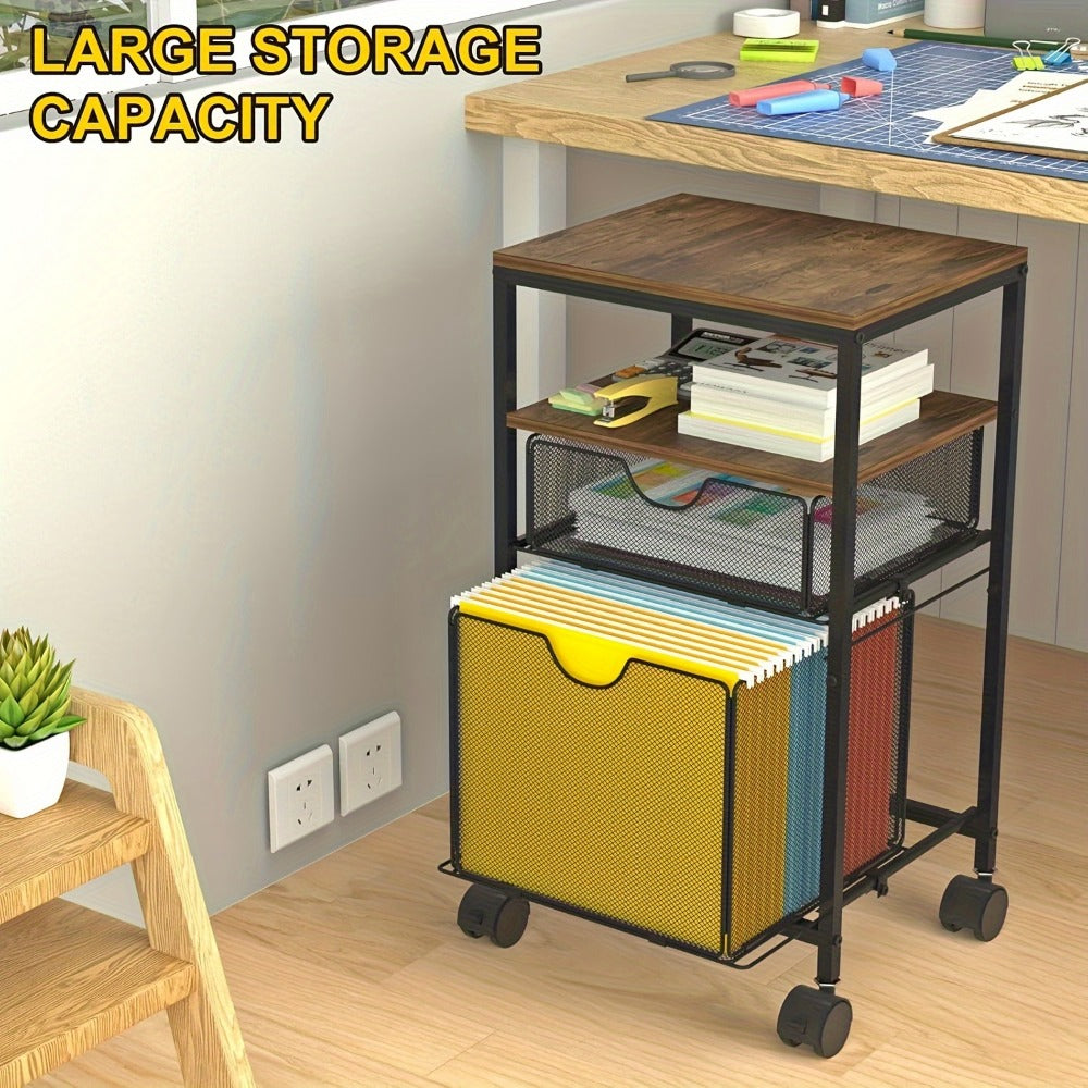 Rolling File Cart with Drawer for Hanging File Folders – Under Desk Office Cart with Paper Trays, Wood & Mesh 3-in-1 File Organizer, 14.8"L x 11.8"D x 27.7"H