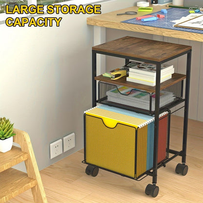 Rolling File Cart with Drawer for Hanging File Folders – Under Desk Office Cart with Paper Trays, Wood & Mesh 3-in-1 File Organizer, 14.8"L x 11.8"D x 27.7"H