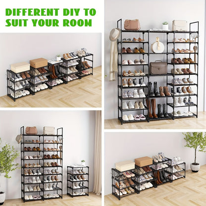 9 Tier Metal Shoe Rack Organizer 50-55 Pairs Large Capacity Stackable Freestanding Shoe Shelf with Hooks for Entryway Closet Bedroom Black Heavy Duty Storage