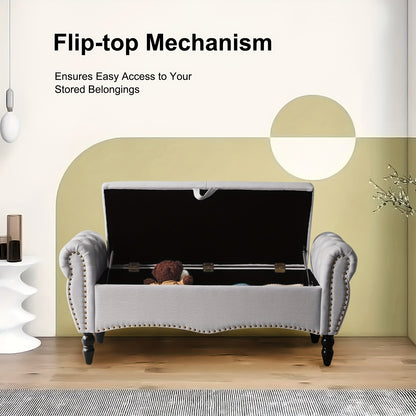 Mid-Century Modern Large Capacity Wooden Storage Box, Bedroom End of Bed Chair with Roll-Up Arms - Spacious Storage Space, Flip-Top Design, Perfect for Bedroom, Living Room, Hallway - Durable, Sturdy, Easy to Assemble