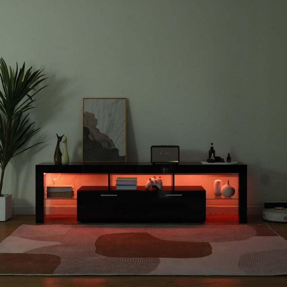 TV Stand with LED Lights & 2 Cabinets for 55 65 75 80 Inch TVs | 71" High Gloss Entertainment Center, Glass Shelves, Wood Media Console | Living Room Bedroom Gaming Room | White, Black or Marble