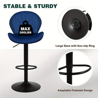 Velvet Bar Stools Set of 2 or 3 with Back & Footrest, Height Adjustable Swivel Counter Stools Shell Shape Kitchen Island Chairs 300 LBS, Green Blue Black Gray