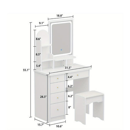 55-Inch Makeup Vanity Desk with LED Lighting and Padded Seat detail image - detail view 3