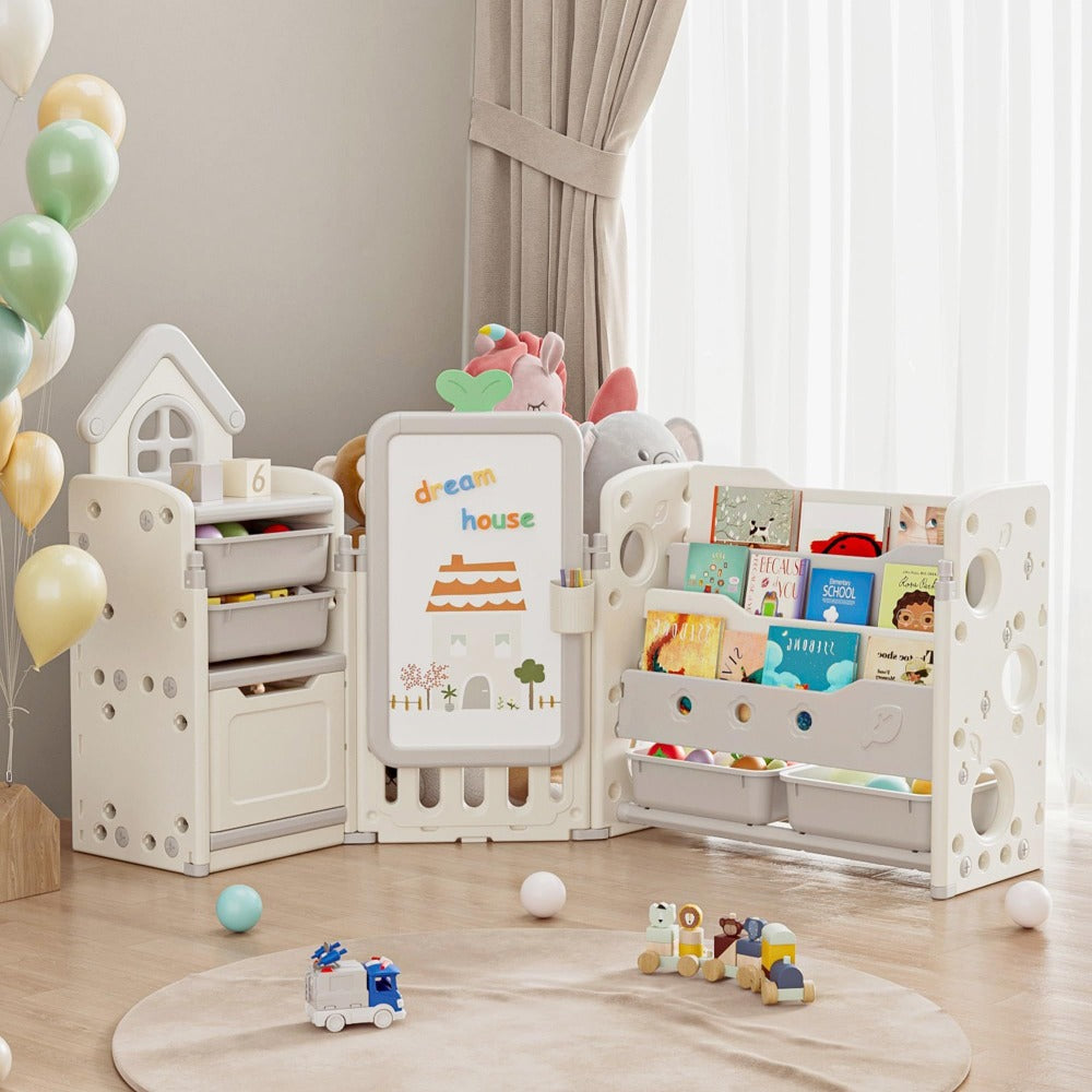 A Versatile Storage Solution for Featuring 10 Detachable Bins And a 3-Tier Bookshelf, Serving As a Multifunctional Organizer with a Drawing Board, Perfect for a Bedroom, Playroom, Or Living Area