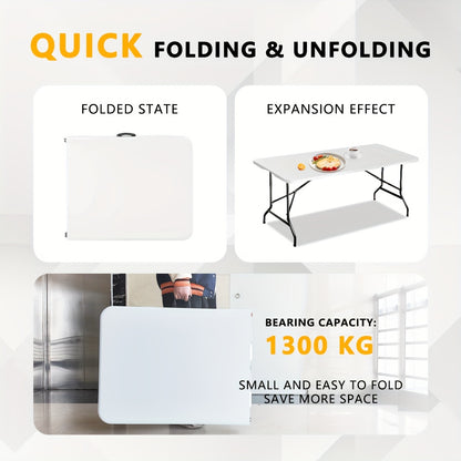 Folding Table 2.5/4/6FT Portable Heavy Duty Plastic Fold-in-Half Utility Table Portable Dining Table Indoor Outdoor Adjustable Height Folding with Carrying Handle, Locks, Camping and Party, Picnic Table -White/Black