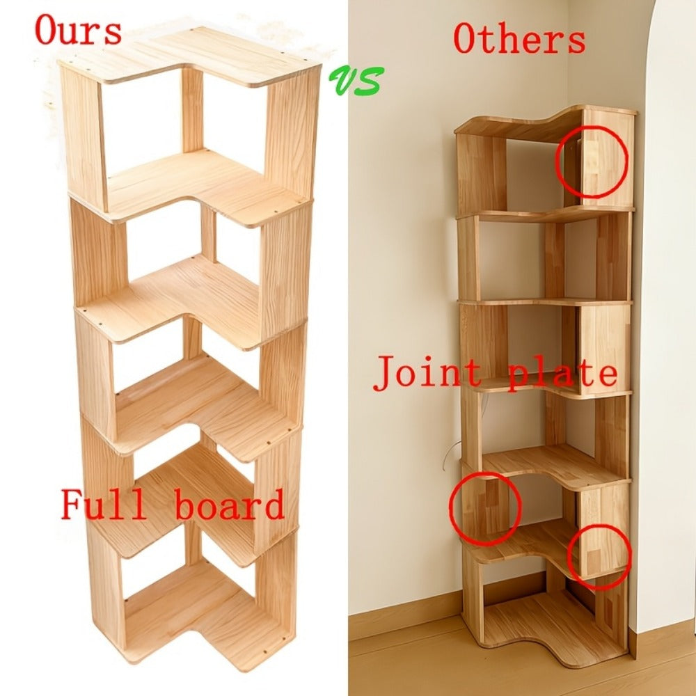 Solid Wood Corner Bookshelf 3 4 5 Tier No Paint No Formaldehyde Space-Saving Rustic Corner Bookcase for Bedroom Living Room Study Balcony, Easy Assembly
