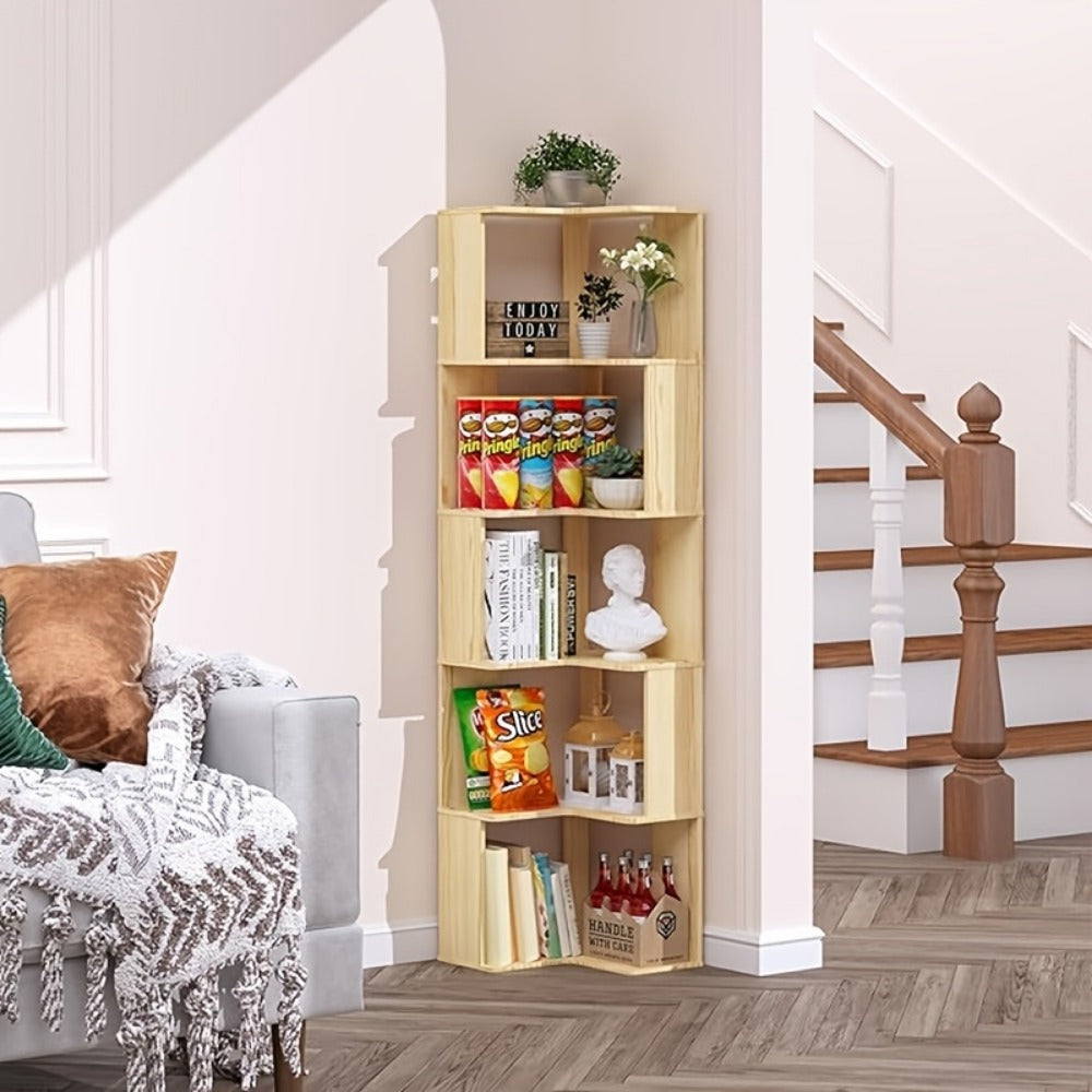 Solid Wood Corner Bookshelf 3 4 5 Tier No Paint No Formaldehyde Space-Saving Rustic Corner Bookcase for Bedroom Living Room Study Balcony, Easy Assembly