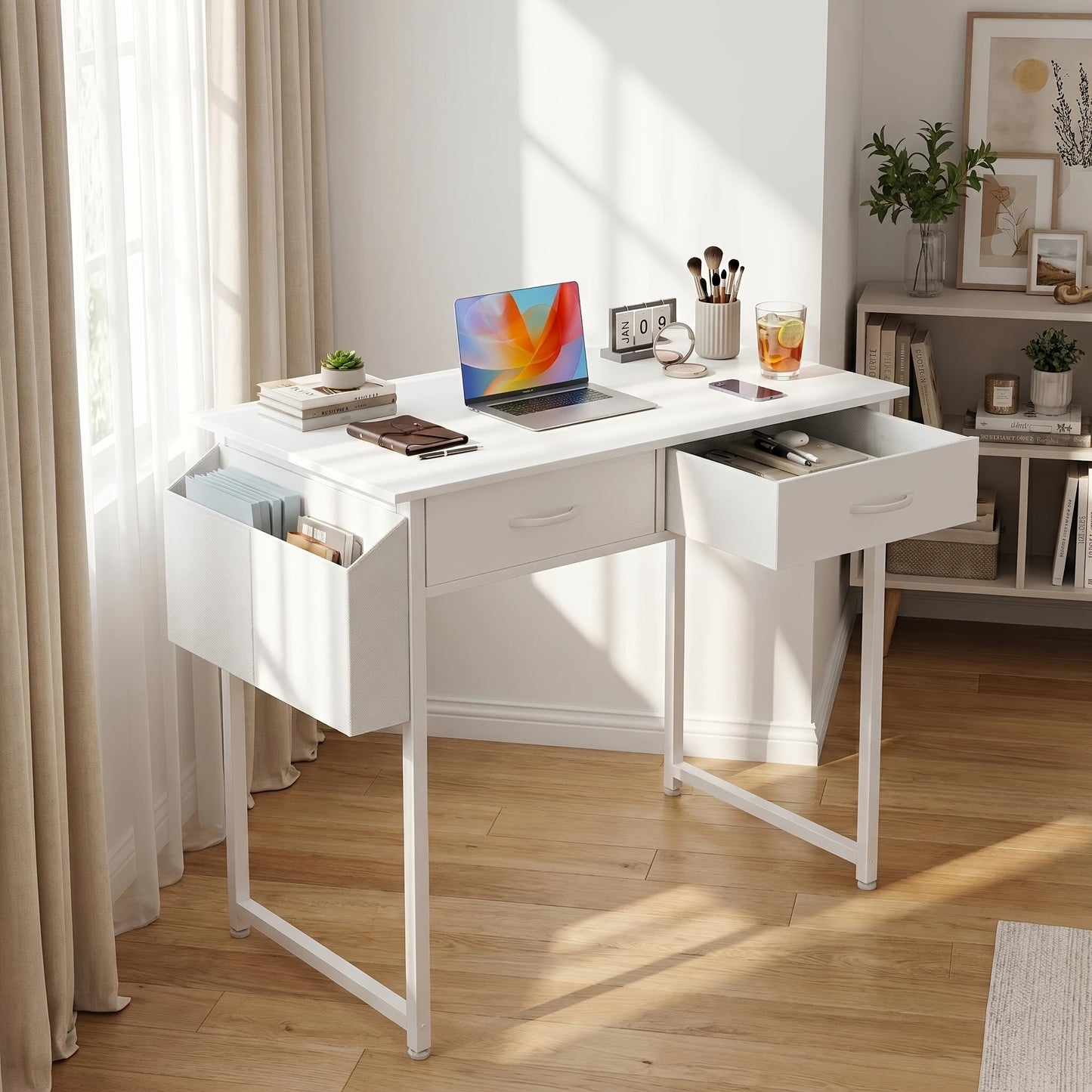 [Makeup Vanity Desk] 32" Small Makeup Vanity Desk with Storage Drawers And Side Bag, Compact Bedroom Dressing Table with Hair Dryer Hook, Modern Study Writing Desk for Small Spaces