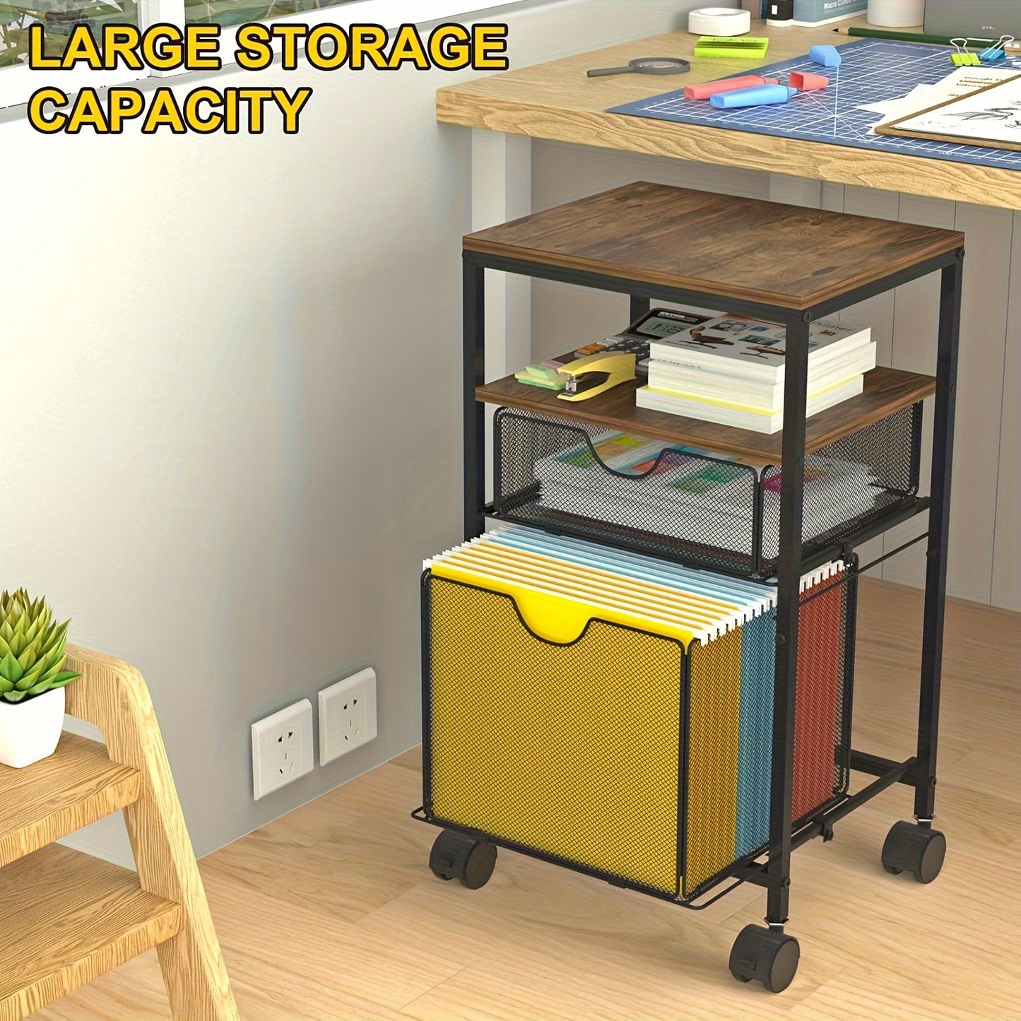 1pc File Cart, Rolling File Cart with Drawer for Hanging File Folders, Sdurty Office Cart for Under Desk, Wood & Mesh Paper Trays Organization for Office, Home, 14.8" L x 11.8" D x 27.7" H