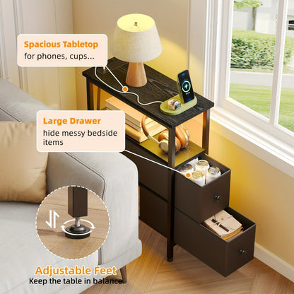 Slim End Table with Charging Station and Fabric Drawers - Narrow Nightstand Side Table for Bedroom Living Room and Small Spaces