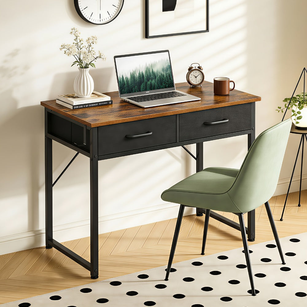32" Small Computer Desk & Vanity Table with 2 Drawers & Headphone Hook – Compact Writing Desk for Home Office, Bedroom & Study, Modern Space-Saving Design, White or White-Gold