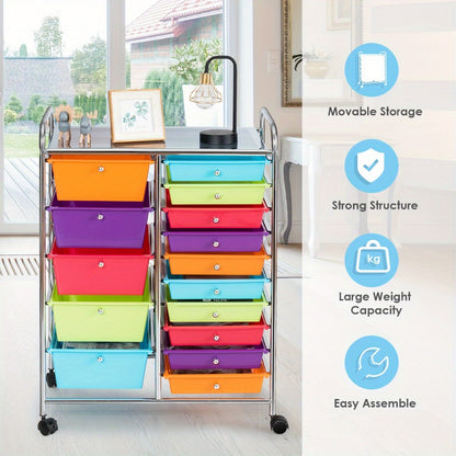 15-Drawer Rolling Storage Cart with Locking Wheels, Steel Frame & Multicolor Opaque Plastic Drawers, Space-Saving Organizer for Home Office Kitchen Bathroom, 5 Large & 10 Small Drawers
