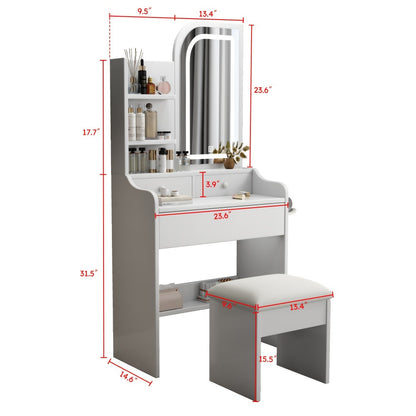Vanity Dressing Table with Sliding Mirror & Cushioned Stool | 4 Drawers, 3 Shelves, Mirror Cabinet, White Bedroom Makeup Desk for Small Spaces