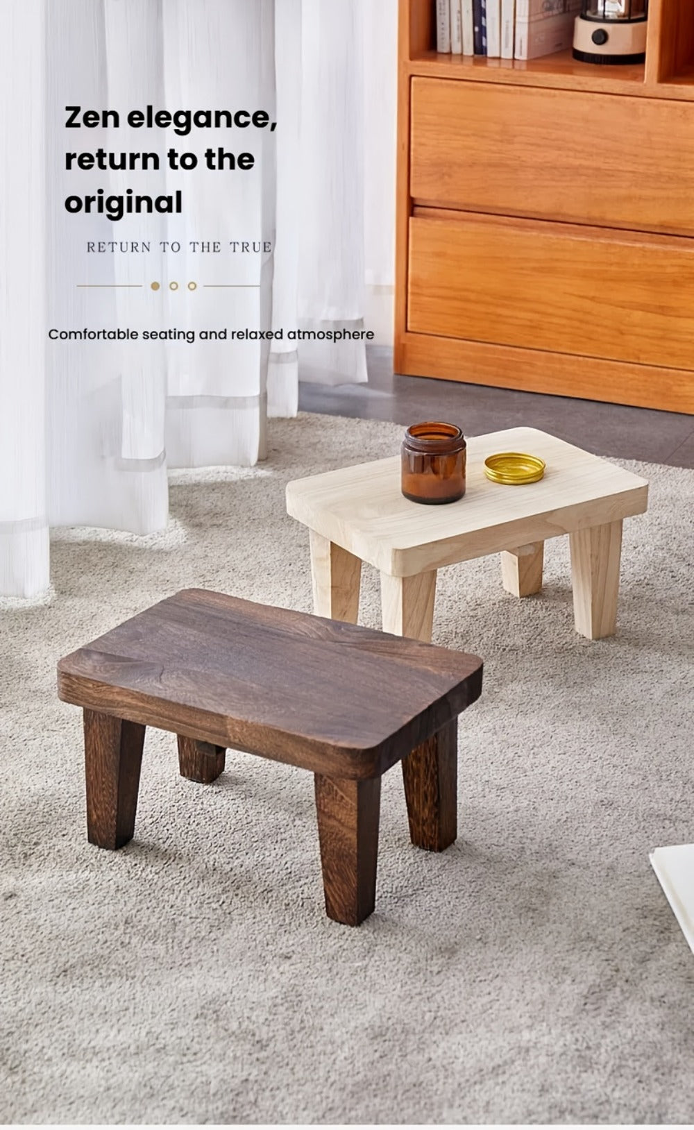 Solid Wood Japanese Style Square Stool Low Seat Chair No Cushion Footrest for Living Room Bedroom Entryway Outdoor, Tatami Floor Stool Easy Clean Minimalist Furniture