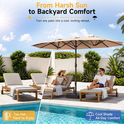 15ft Large Rectangle Patio Umbrella with Base Included – UPF50+ Double-Sided Canopy, Crank Handle, 12-Rib Wind Resistant Frame, Triple Vents, Safety Lock for Poolside, Garden & Yard, Beige & Blue