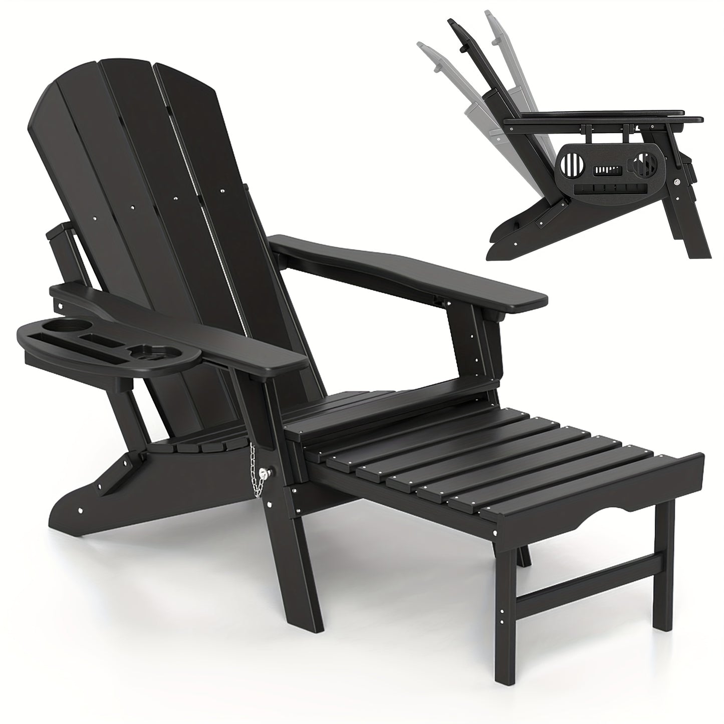 FOOWIN HDPE Adirondack Chair with Ottoman, Adjustable Backrest Adirondack Chair W/4in 1 Cup Holder Trays, All-Weather Resistant Adirondack Chairs for Outdoor, Patio, Lawn, Garden