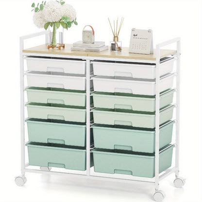 12 Drawer Rolling Storage Cart with Tabletop & Locking Wheels - Mobile Organizer Cabinet for Craft Room, Home Office, Classroom & Art Studio | 8 Small + 4 Large Drawers, Metal Frame | White Rainbow Green