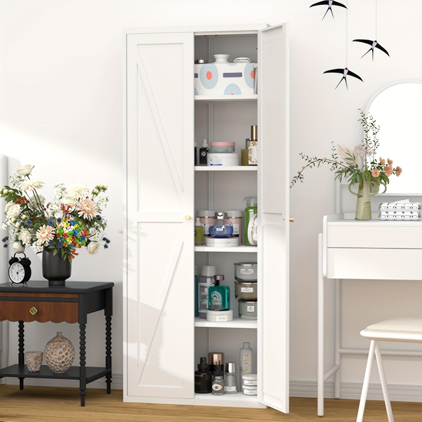 Metal Storage Cabinet, Metal Kitchen Pantry Cabinet, Food Pantry Storage Cabinets With Doors And Shelves, Large Steel Storage Cabient For Dinning Room, Laundry Room, White/Black