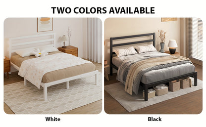 Metal Platform Bed Frame with Slatted Headboard - Under Bed Storage, Sturdy Metal Slats, No Box Spring Needed, Black/white, Twin/Full/Queen/King