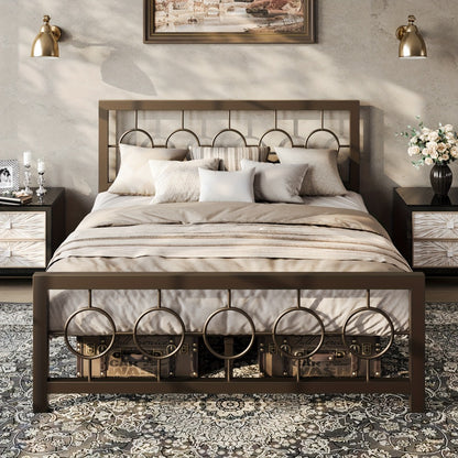 Metal Platform Bed Frame with Vintage Circular Design Headboard and Footboard Under Bed Storage No Box Spring Twin Full Queen King Black Brown