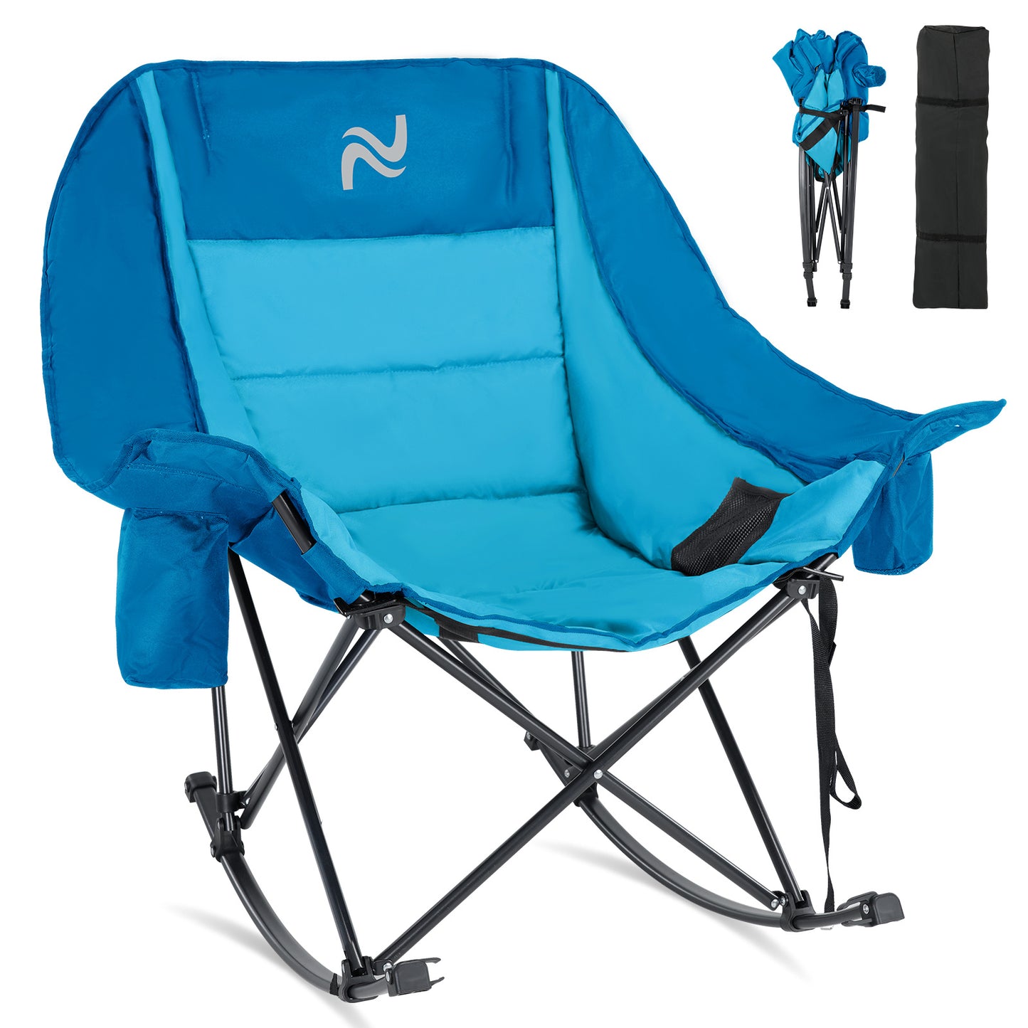 Oversized Rocking Camping Chair, Fully Padded Patio Chair with Cooler Bag and Side Pocket, High Back Portable Lawn Recliner Rocker Chairs for Camp, Patio, Supports 400 lbs