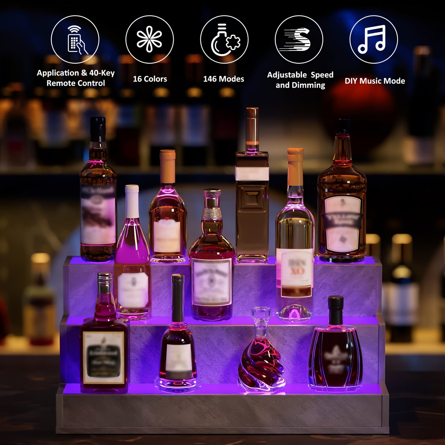 Cubehom Illuminated Liquor Shelves, 24-Inch Bar Bottle Display Unit