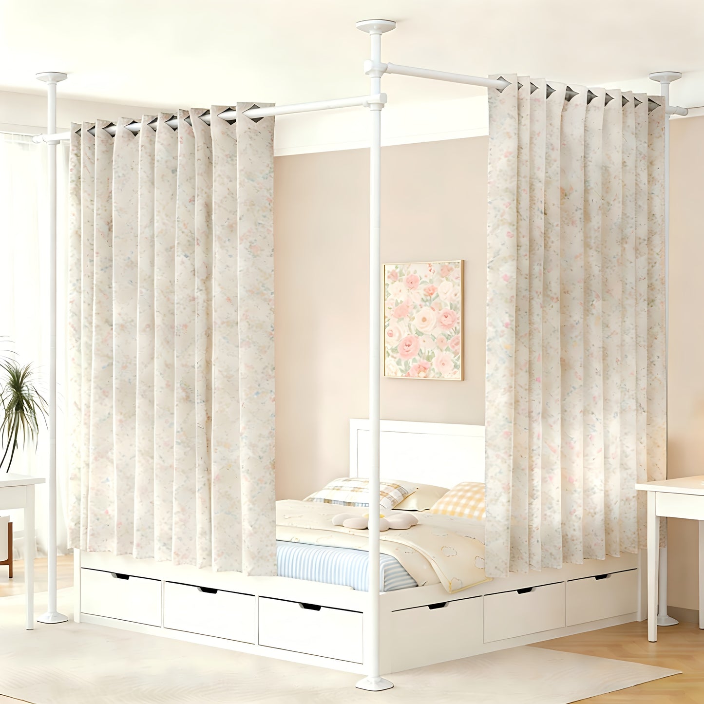 Room Divider for Room Separation, Tension Curtain Rods No Drilling, 4-10Ft(H) 28-114Inch(W) Adjustable Temporary Privacy Wall Divider, Heavy Duty Freestanding Space Partition Separator, Black, White