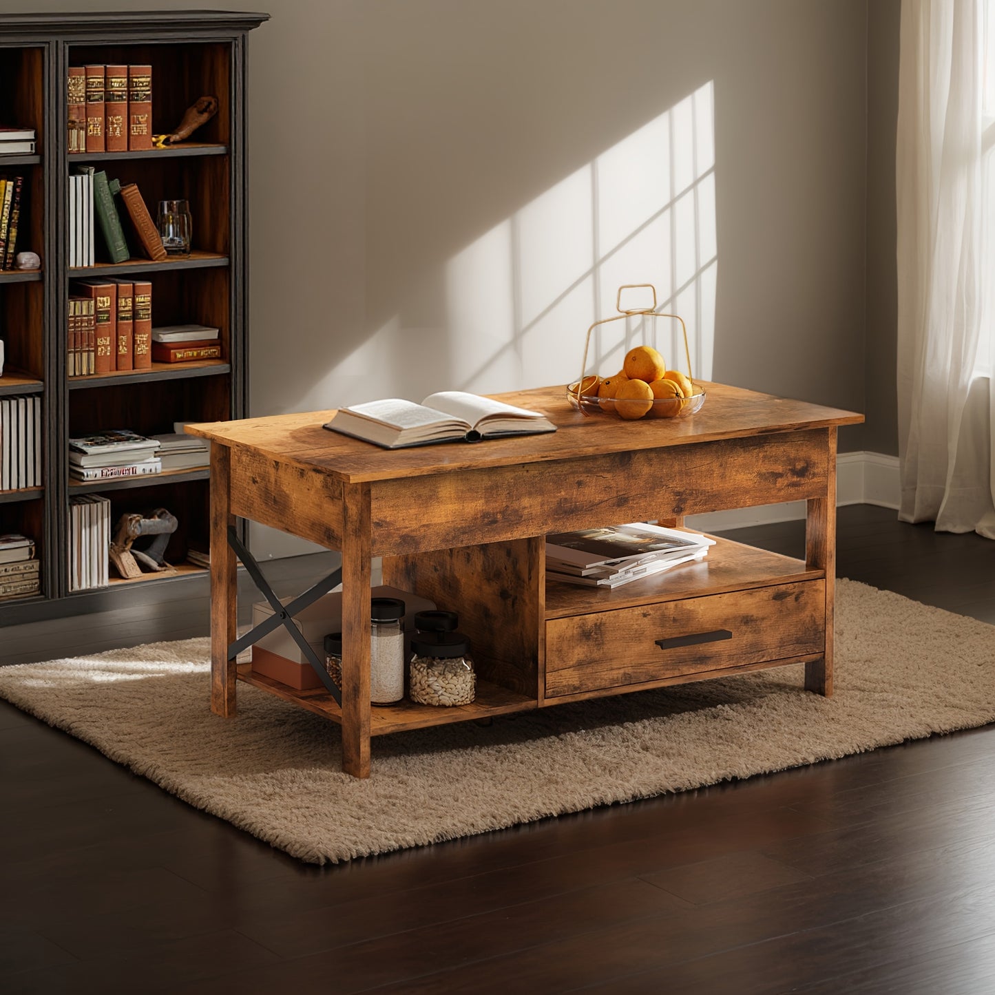 Adjustable Lift Top Coffee Table with Storage Drawers & Hidden Compartment - Modern Lift-Top Mechanism, Lift-Top Table Suitable for Living Room, Reception Room, Assembly Required, Wood/HDF, Space-Saving