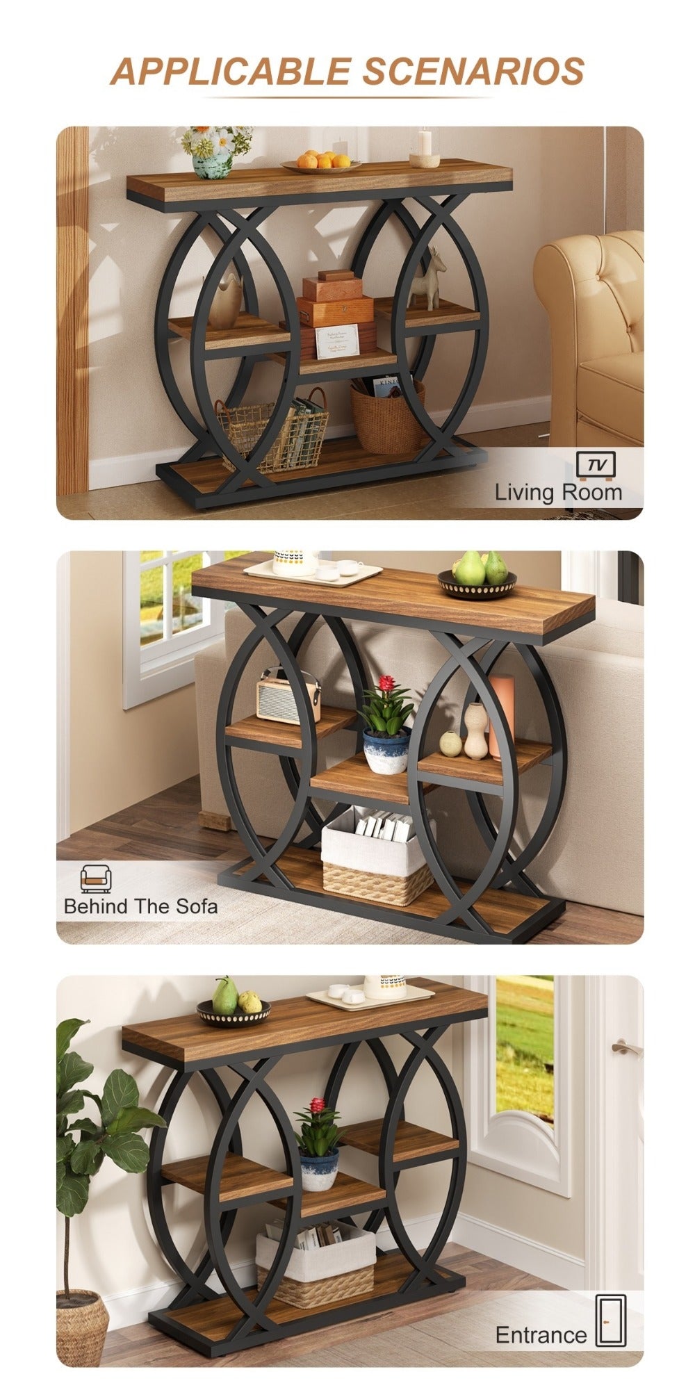 Console Table 39 Inch with 4-Tier Storage Shelves, Narrow Entryway Sofa Table Wood & Metal Frame for Hallway, Living Room & Small Spaces