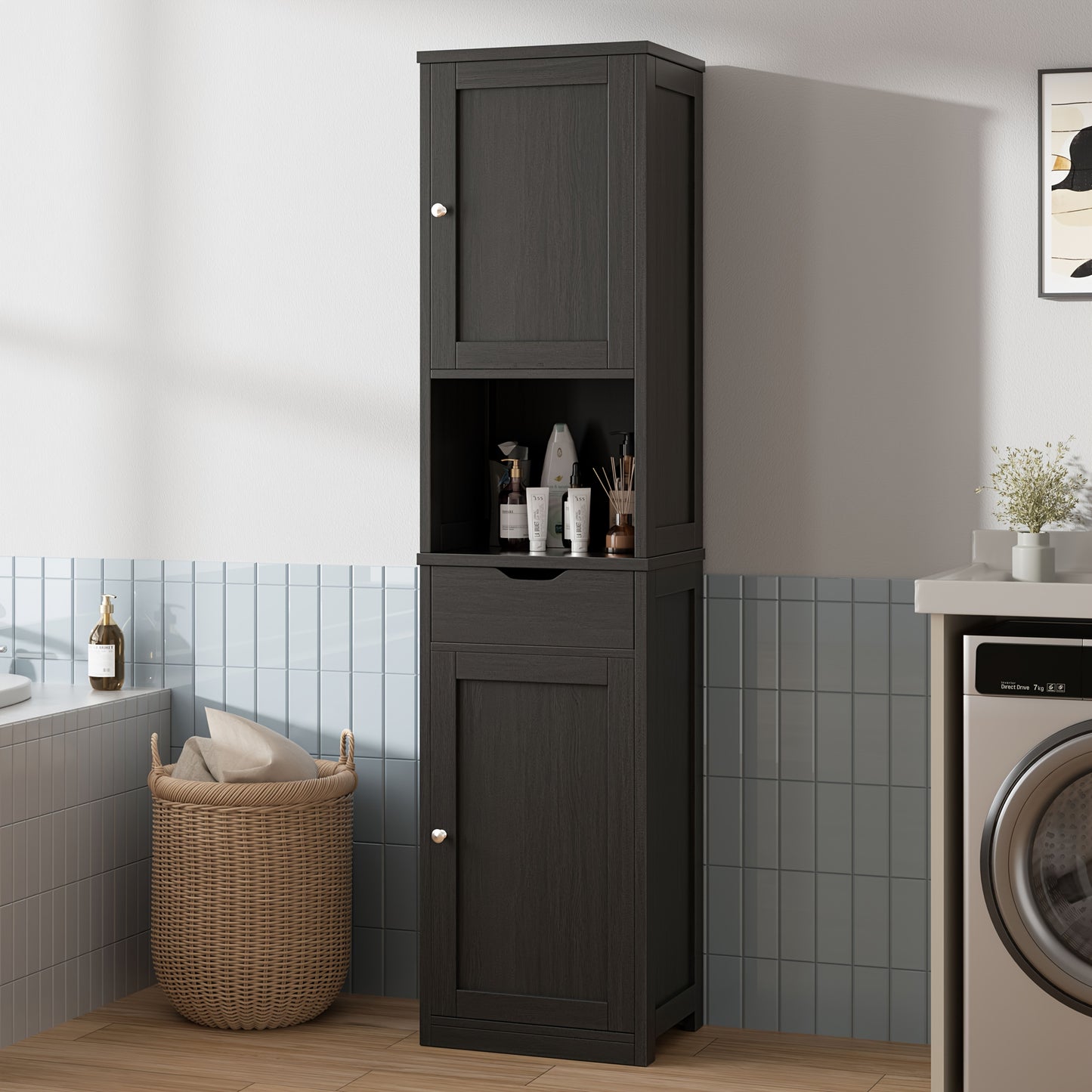 5-Tier Narrow Freestanding Storage Cabinet with 1 Drawer & 2 Doors White, Space-Saving Tower Shelf Floor Cabinet for Bathroom Kitchen Living Room Small Spaces