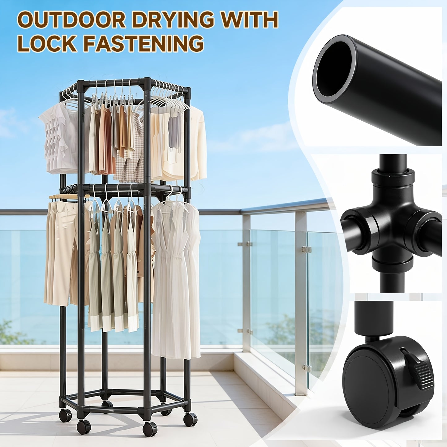 Rotating Clothing Rack with Wheels, Heavy Duty Metal Garment Rack for Hanging Clothes, Multifunctional Rotating Clothing Organizer, Freestanding Closet Organizer for Bedroom, Laundry Room, Space Saving Closet Storage for Coats, Dresses, Pants