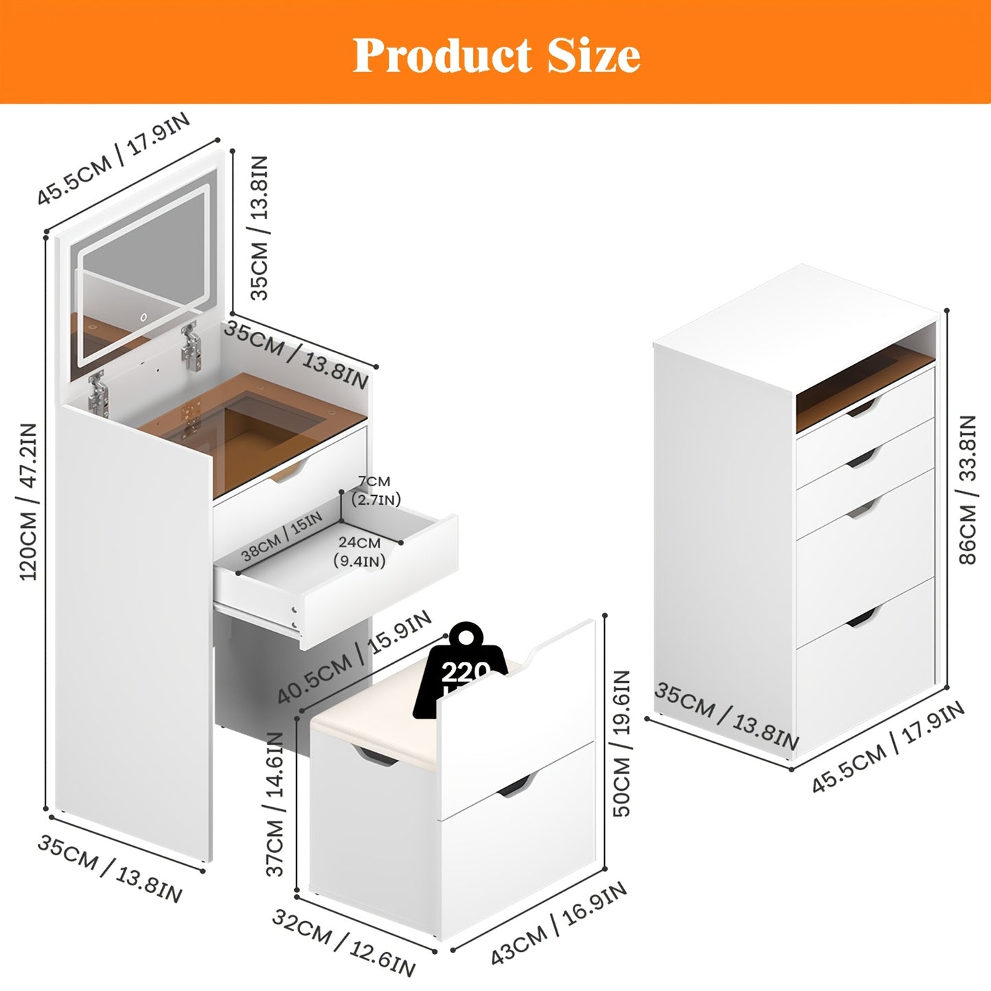 [3-In-1 Vanity Desk] 3-In-1 Vanity Desk with Flip Top Mirror, Small Makeup Vanity Set with Visible Glass Desktop, Compact Dressing Table with Drawers, 3-Color Lighting, Hidden Stool for Bedroom Space-Saving, White