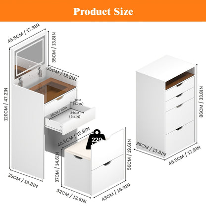 [3-In-1 Vanity Desk] 3-In-1 Vanity Desk with Flip Top Mirror, Small Makeup Vanity Set with Visible Glass Desktop, Compact Dressing Table with Drawers, 3-Color Lighting, Hidden Stool for Bedroom Space-Saving, White