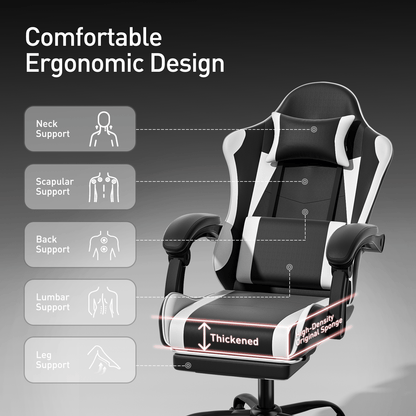 Ergonomic Gaming Chair with Retractable Footrest & Detachable Lumbar Support 360 Degree Swivel Racing Style PU Leather Computer Gaming Chair with Headrest for Home Bedroom Office