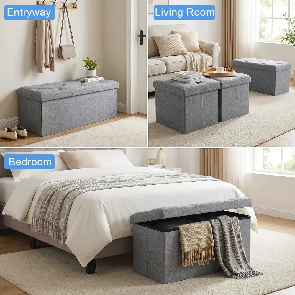 Folding Storage Ottoman Bench Multi-Purpose Heavy Duty Indoor Outdoor Seat, Easy-Clean Non-Porous Surface for Living Room Bedroom Patio Garden, 15 30 43 Inch Set Options Grey