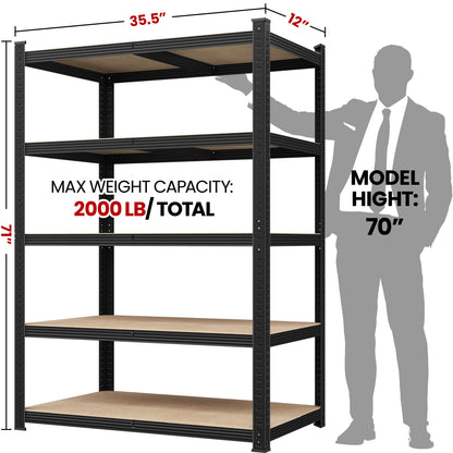 Costoffs 2pcs 5-Tier Metal Storage Shelving Units, Adjustable Utility Racks Organizer for Garage, Living Room, Kitchen, 2000 LB Weight Capacity, Anti-Tip Design, Silver/Black