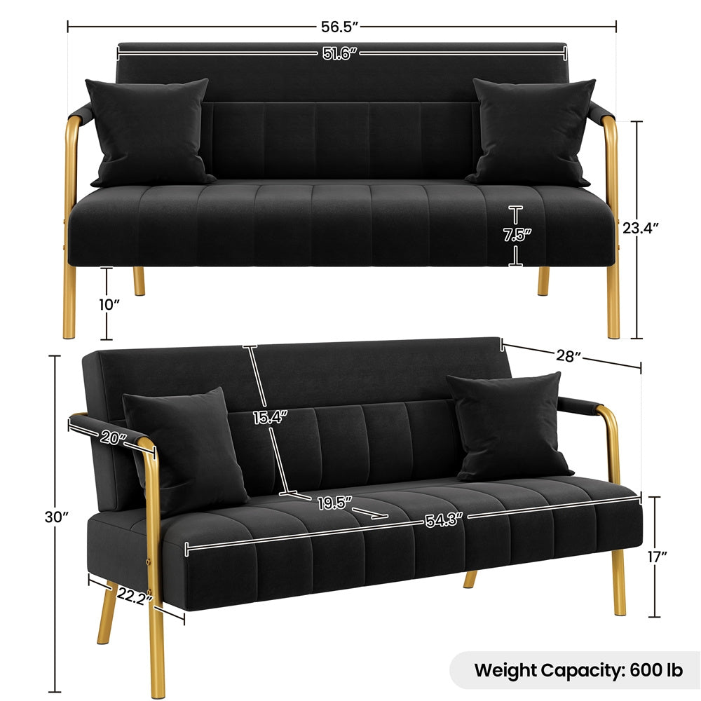 Costoffs Velvet Fabric Sofa Couch, 56.5″ W Modern Loveseat Couch with Gold-tone Metal Arms, Legs & 2 Pillows, Sofa for Living Room, Bedroom Furniture