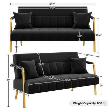 Costoffs Velvet Fabric Sofa Couch, 56.5″ W Modern Loveseat Couch with Gold-tone Metal Arms, Legs & 2 Pillows, Sofa for Living Room, Bedroom Furniture