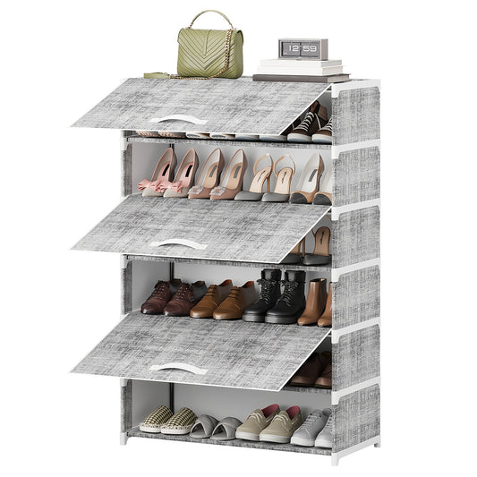 TOMNK 1pc Shoe Rack with Cover, 7 Tier 6 Grids Shoe Organizer, Large Capacity Shoe Shelf, Flip-style Shoe Rack for Closet, Entryway, Garage, Black/Gray