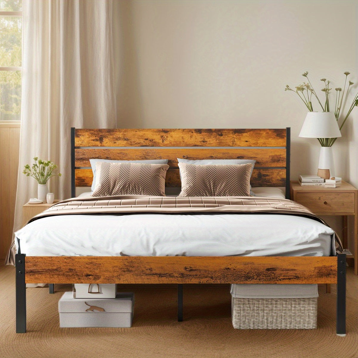 Modern All-Metal Bed Frame with Headboard And Footboard – Tool-Free Assembly, Underbed Storage, No Box Spring – Available in Queen, Full, And Twin Sizes