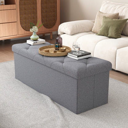 Outdoor Storage Ottoman Bench 30 & 43 Inch Folding Deck Box with Padded Seat, Patio Furniture Storage Chest End of Bed Bench for Living Room Bedroom Garden, Grey