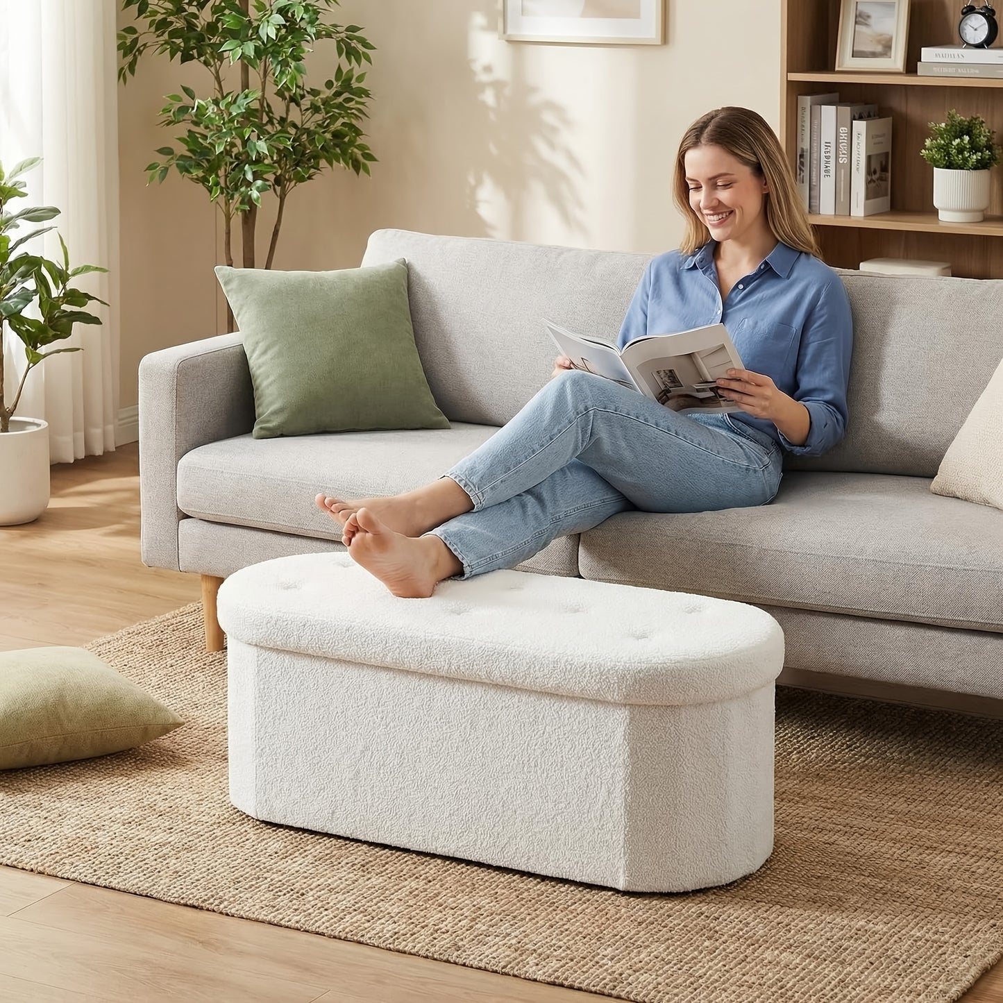Folding Storage Ottoman Bench, 30/43 Inches Oval Round Foot Rest Stool, Cushioned Seat with Storage Chest, 250 Lb Capacity for Living Room