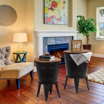 Set of 2 Rustic Farmhouse End Tables with Round Wood Lids, Galvanized Metal Nesting Accent Side Tables for Living Room Bedroom Entryway, Stackable Vintage Décor Tables in Galvanized Black Distressed White
