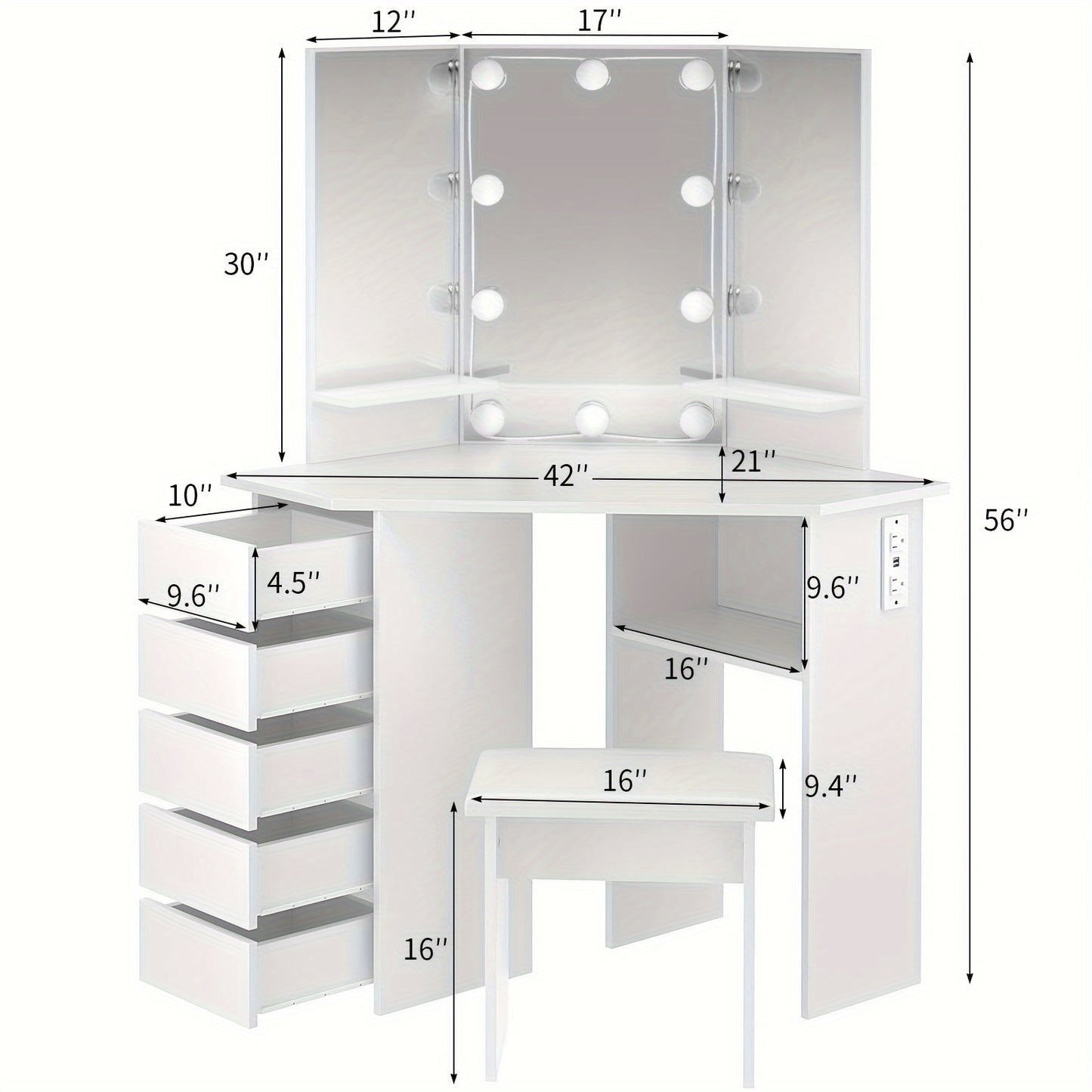 42" Tri-Mirror Corner Makeup Vanity Desk with Outlet, Lights, 5 Sliding Drawers Or Rotating Drawers, Come with Stool