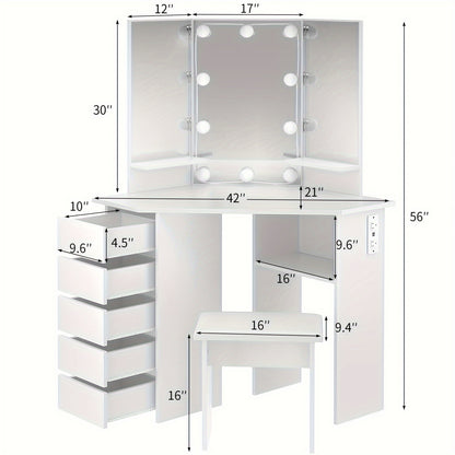 42" Tri-Mirror Corner Makeup Vanity Desk with Outlet, Lights, 5 Sliding Drawers Or Rotating Drawers, Come with Stool