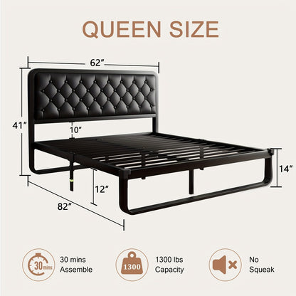 Platform Bed Frame with Button-Tufted Headboard – Black Faux Leather or Dark Grey Linen, 12-Inch Under Bed Storage, Full Queen