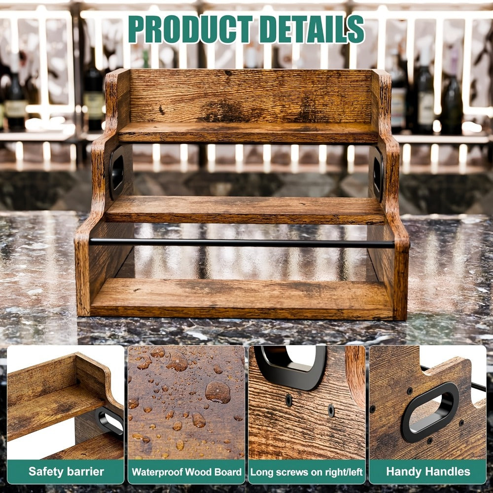 Solid Wood Countertop Liquor Bottle Display Shelf 3 Step Wine Rack Bar Organizer for Home Bar Whiskey Spirits Coffee Syrup Spice Rack