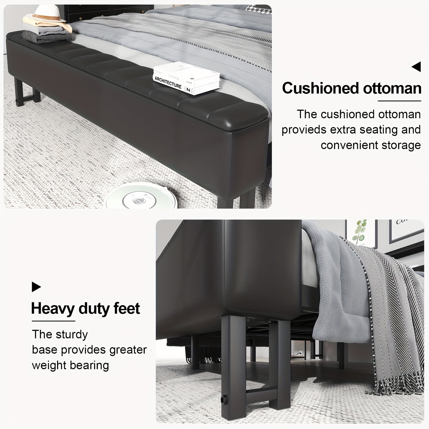 Metal Platform Bed with Storage Ottoman, Upholstered Headboard, Starry Sky Lighting Design, and Reinforced Bed Legs, Easy to Assemble